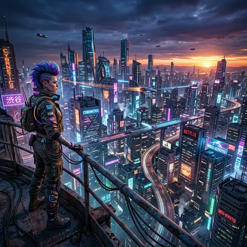 Futuristic Cityscape at Sunset: Cyberpunk Marvels in Neon Glow