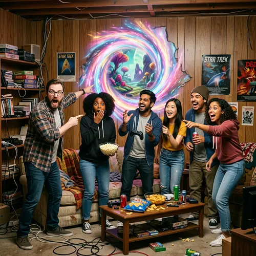 Diverse Group Discovers Strange Portal in Comical Scene