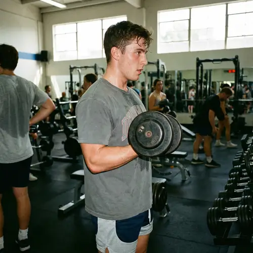 Young Man Weightlifting with Dumbbell in Gym