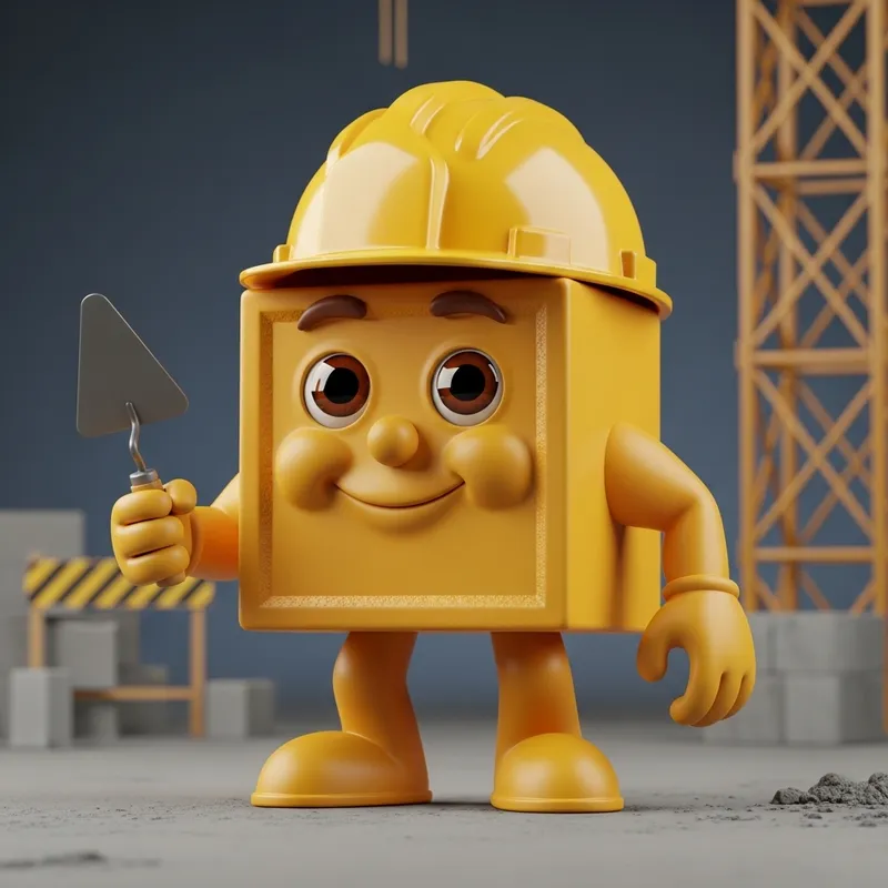Concrete Block Mascot with Hard Hat in 3D