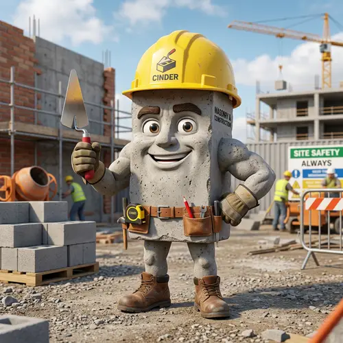 Concrete Block Mascot with Hard Hat in 3D
