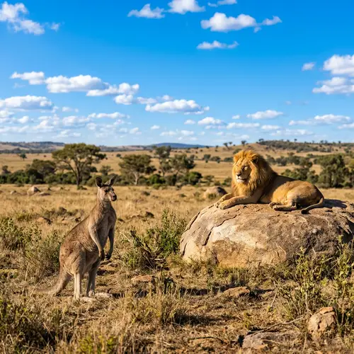 Kangaroo and Lion Coexistence in Natural Scene