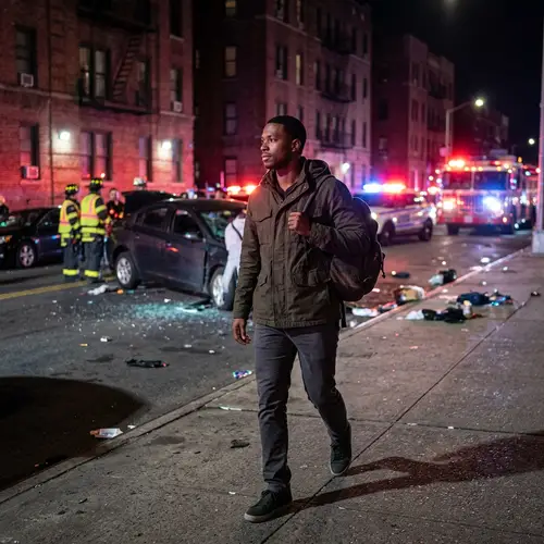 Confident Man Walking Away from Chaotic Scene