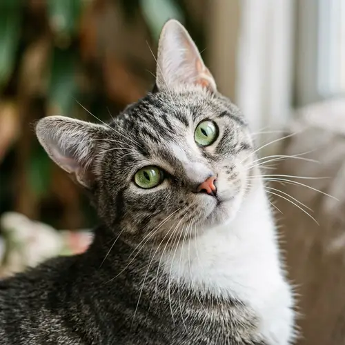 Medium-Sized Domestic Cat with Striped Grey and White Coat