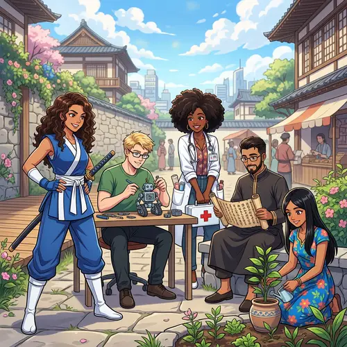 Vibrant Anime-style Scene with Diverse Friends