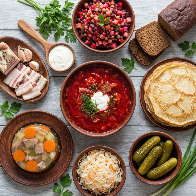 Traditional Ukrainian Dishes on Wooden Table Traditional Ukrainian Dishes on Wooden Table