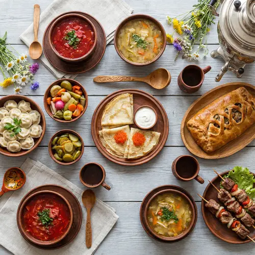 Traditional Russian Cuisine Served on Wooden Tableware