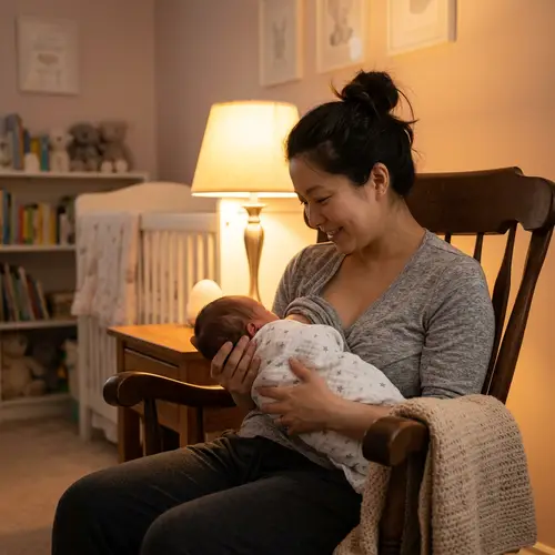Maternal Care: Asian Woman and Infant in Comforting Nursery Scene