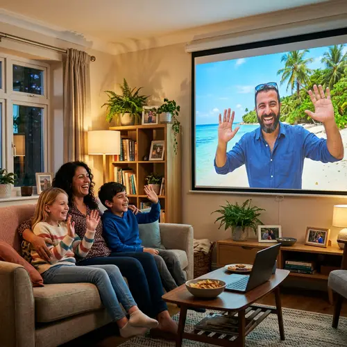 Family Video Call with Father on Remote Island