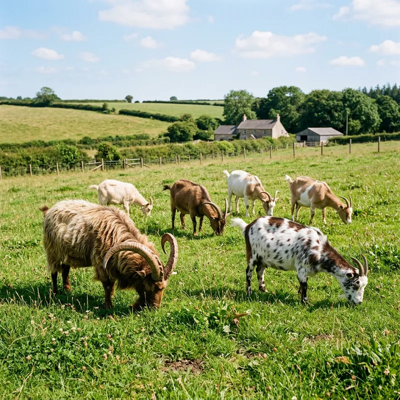 Male and Female Goats Grazing in Green Pasture