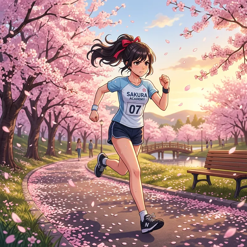 Anime Girl Running in Cherry Blossom Park Anime Girl Running in Cherry Blossom Park