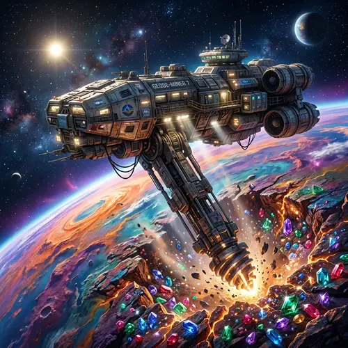 Spaceship with Drill Mining Colorful Gems