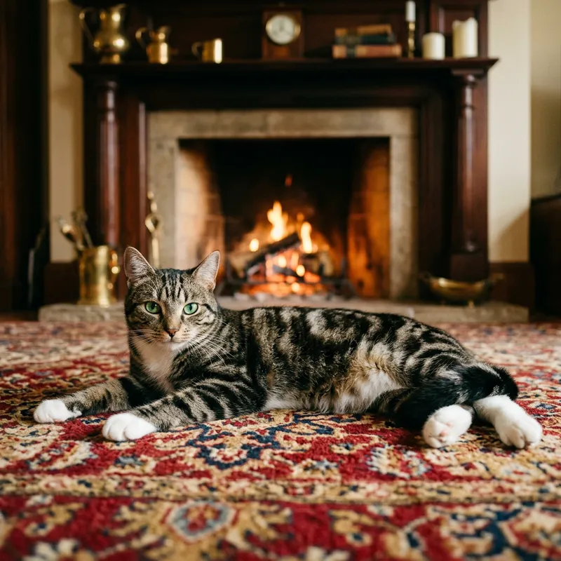 Adorable Cat Resting by Fireplace Adorable Cat Resting by Fireplace