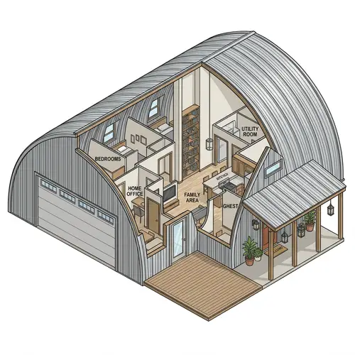 Spacious Single-Story Quonset Hut with Family Area Design