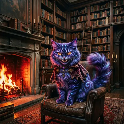 Mystical Feline Character in Library Scene | Dramatic and Unique