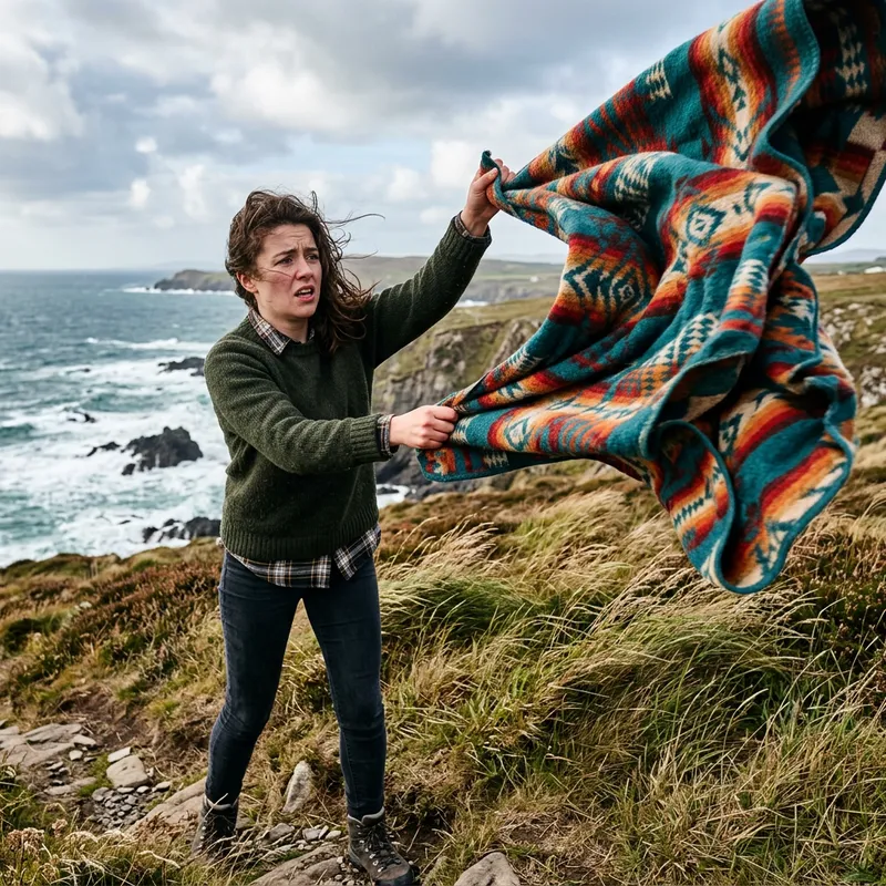 Young Woman Clutching Fleeing Blanket - Photorealism