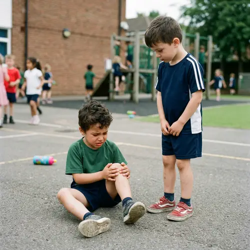 School Playtime: A Boy Observing His Friend's Fall