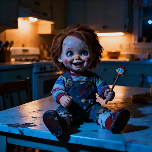 Creepy Doll on Kitchen Table: A Horror Scene