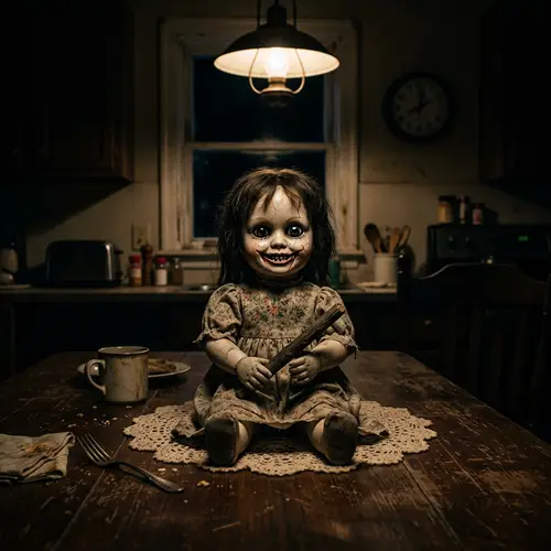 Creepy Doll on Kitchen Table: A Horror Scene