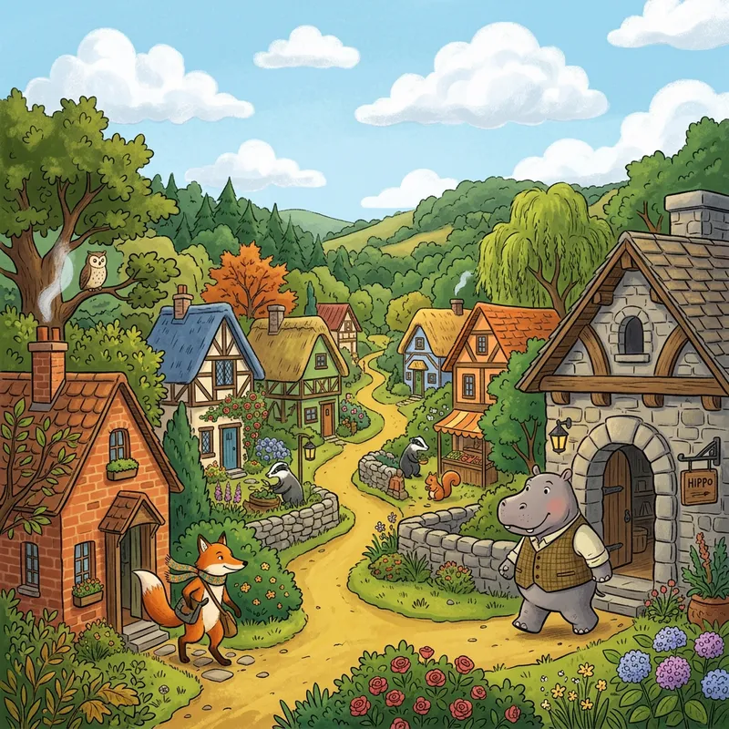 Whimsical Village with Hippopotamus and Fox