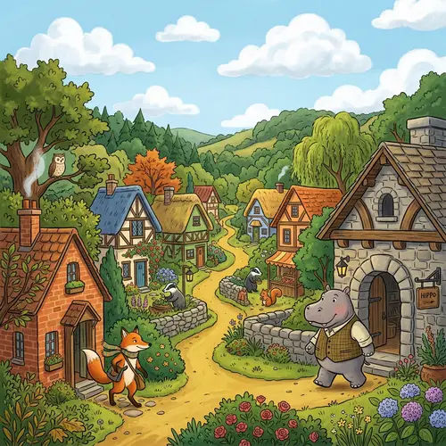 Enchanting Village of Anthropomorphic Animals with Hippopotamus and Fox