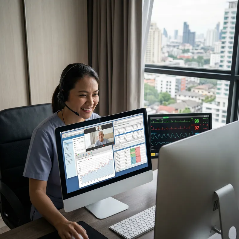 South East Asian Nurse in Telehealth Session with Remote Patient Monitoring