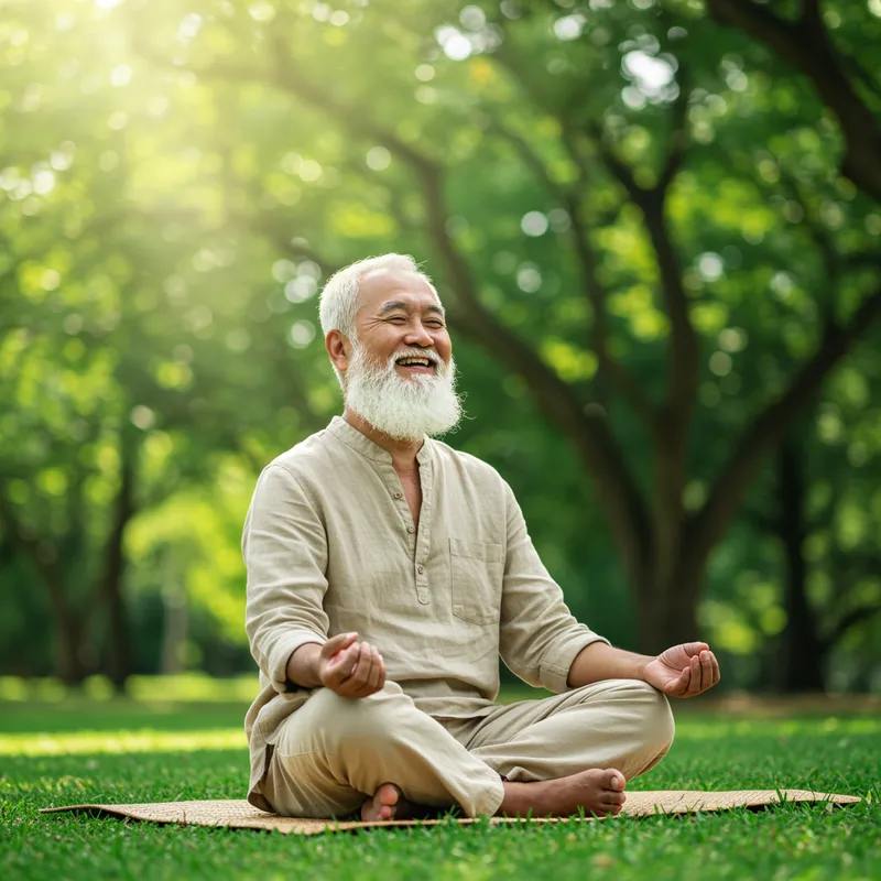Happy Senior Man Meditating in the Park