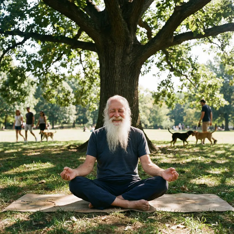 Happy Senior Man Meditating in the Park