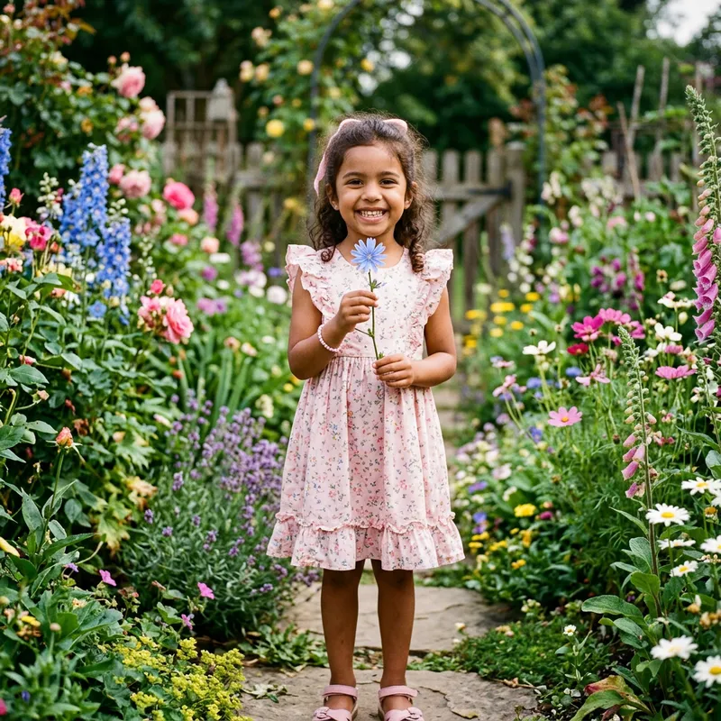Radiant Girl Posing with Chicory Flower in Enchanting Garden Scene