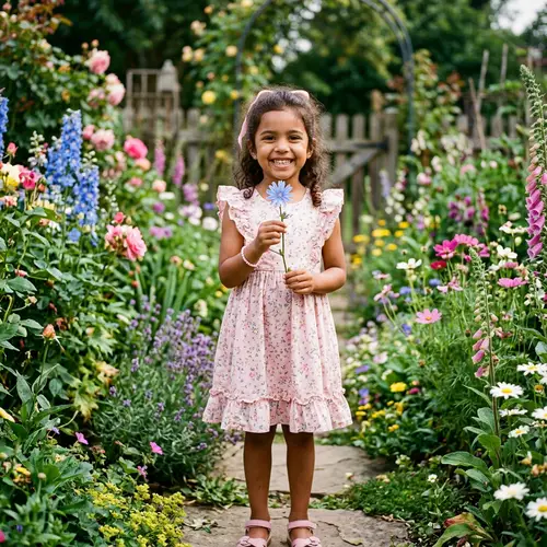 Tan Skinned Girl Holding Chicory Flower in Enthusiastic Garden Display