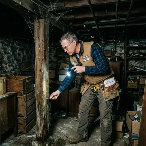 Professional Home Inspector Checking Old House Basement