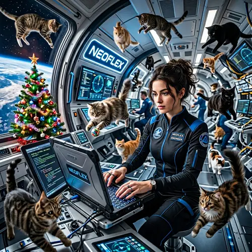 Vibrant Space Odyssey with Slavic Female, Spaceship, and Levitating Felines