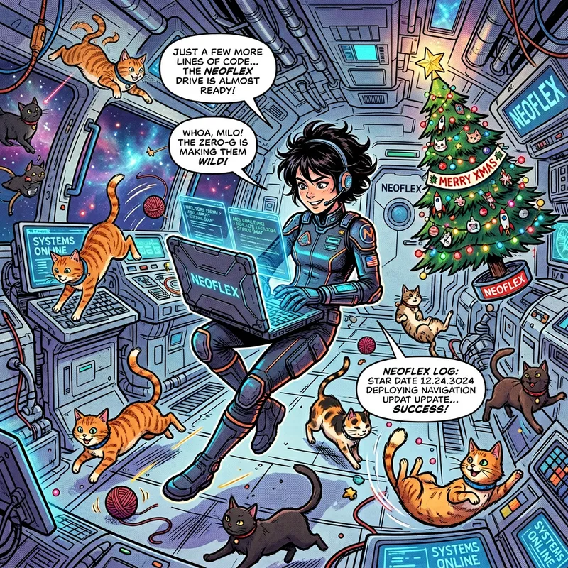 Vibrant Space Adventure with Slavic Girl, Floating Cats, and Neoflex