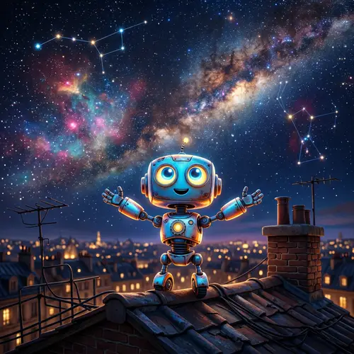 Cute Robot Under a Starry Night Sky