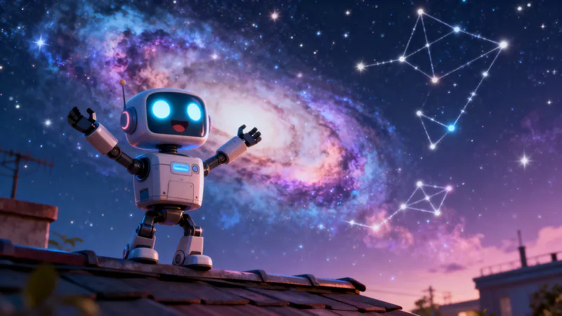 Cute Robot Under a Starry Night Sky