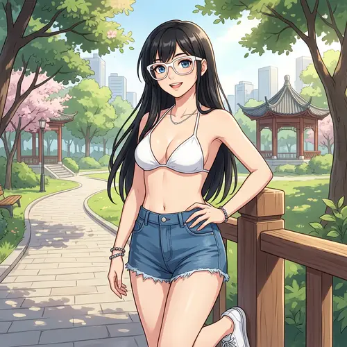 Anime Chinese Girl in White Bikini and Denim Shorts