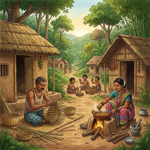 Tranquil Adivasi Tribal Village Scene with Traditional Activities