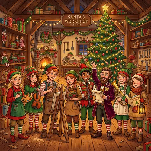 Magical Elves in Santa's Workshop Illustration