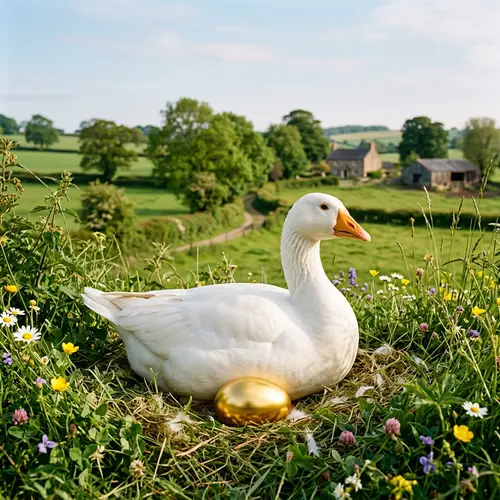 Tranquil Countryside Scene with Goose and Golden Egg