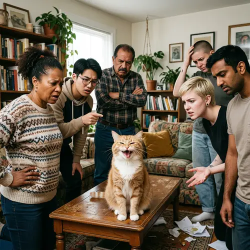 Laughing Cat Surrounded by Diverse Angry People
