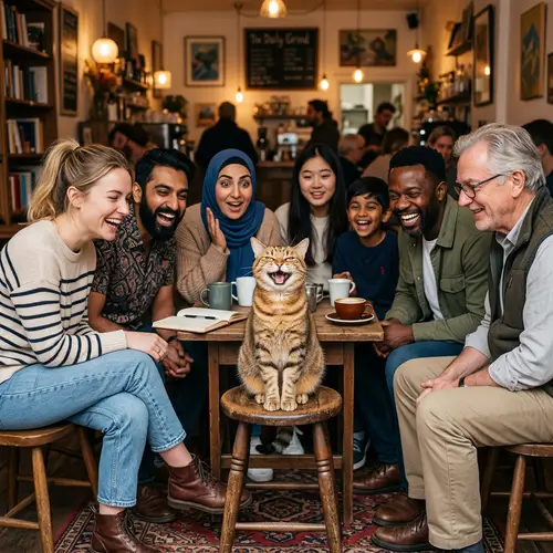 Laughing Domestic Cat Surrounded by Diverse Humans