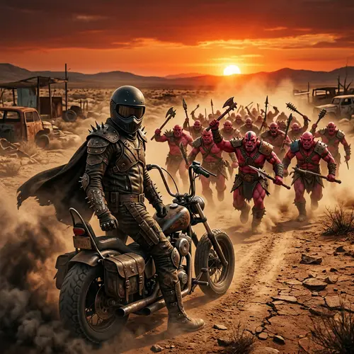 Biker Warrior vs Pink Orcs: Epic Battle at Sunset