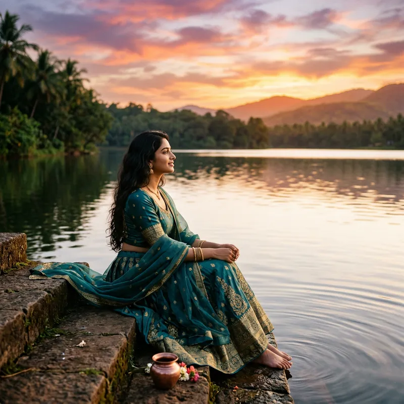 Beautiful Woman by Lake at Sunset