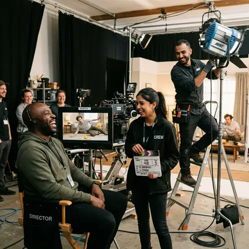 Humorous Video Scene: Director Laughing, Actor Tripping - Comedy Set