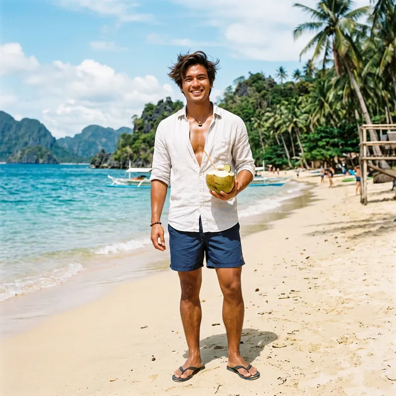 Hot Filipino Man Standing Confidently on Beach