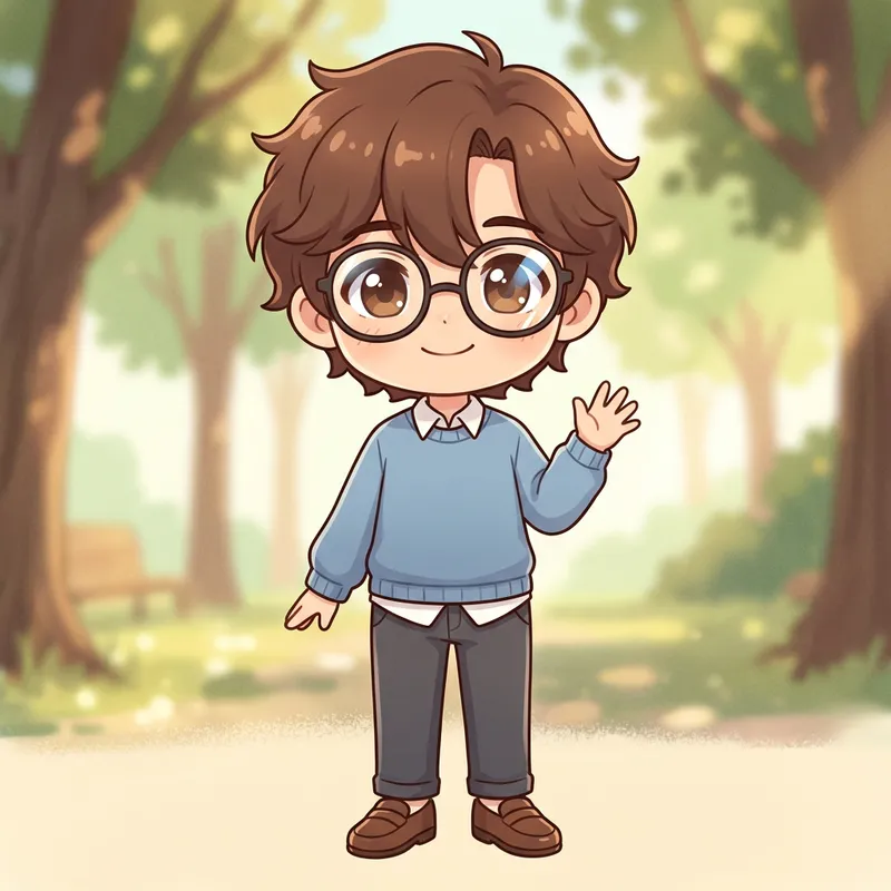 Adorable Chibi-Style Anime Boy with Brown Hair and Glasses