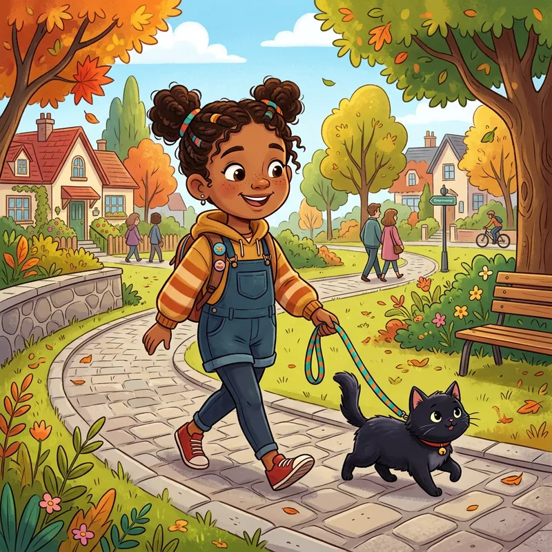 Young Girl Walking Black Cat Leash - Comic Style