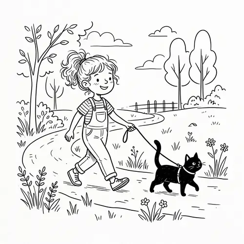 Young Girl Walking Black Cat - Simple Illustration