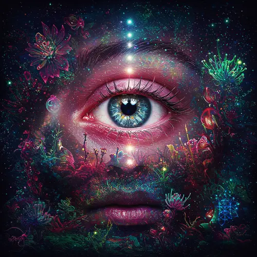 Psychedelic All-Seeing Eye in Cosmic Dreamscape