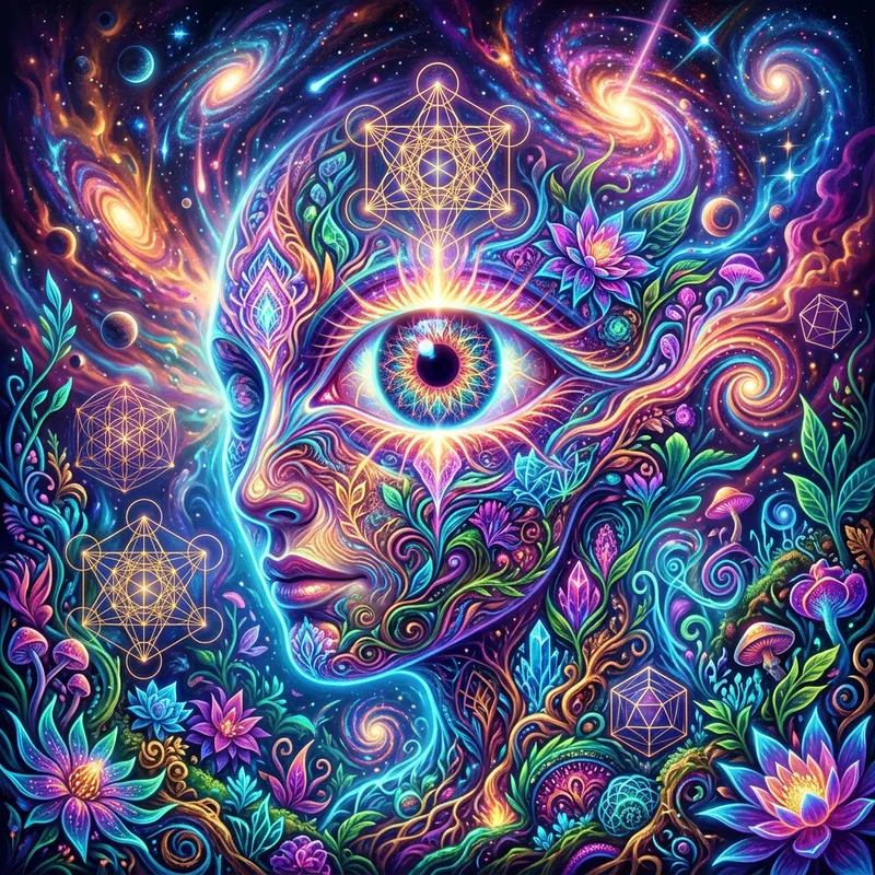 Psychedelic All-Seeing Eye in Cosmic Dreamscape